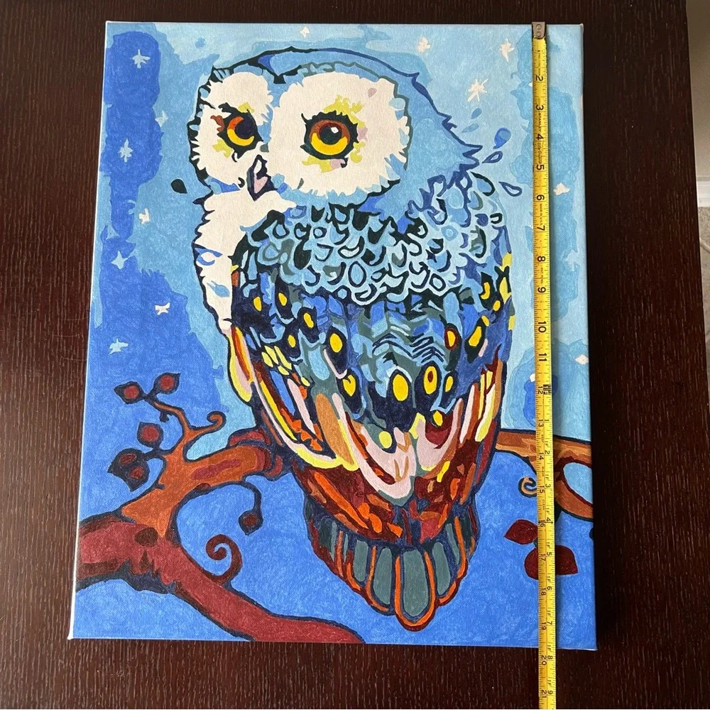 Canvas Oil Painting Blue Owl On Branch Paint by Numbers Stretched Wooden Frame - Picture 11 of 13